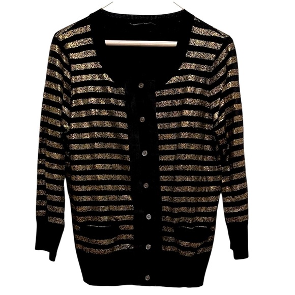 DKNY Black and Gold Striped Cardigan - Picture 1 of 9